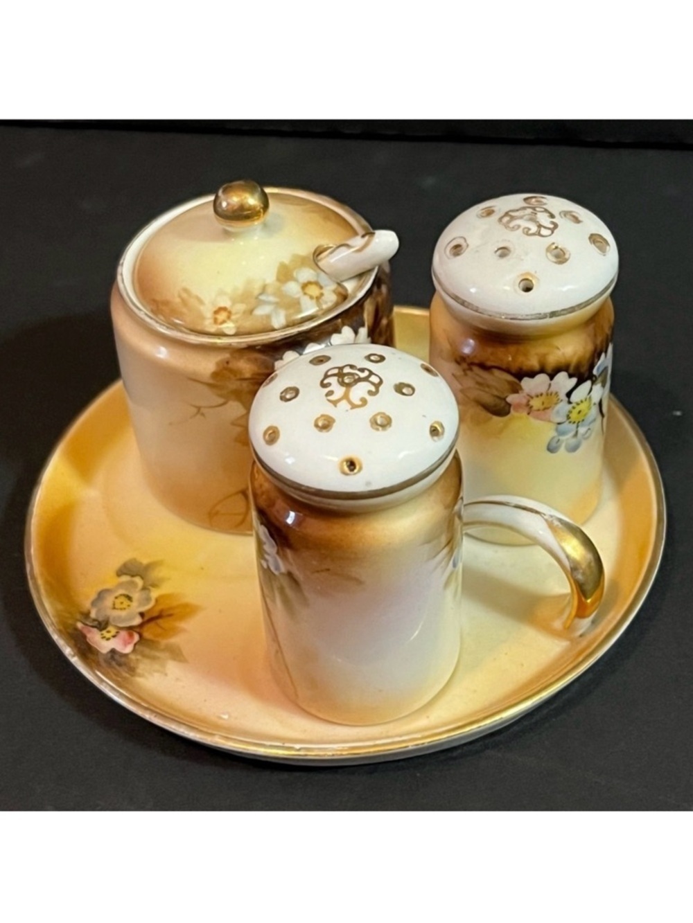 Noritake Condiment Set Hand Painted Salt Pepper Mustard Pot Tray Foral Romantic